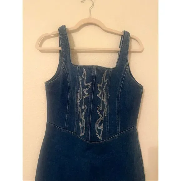 Western Denim Mini Dress Bodycon Square Neck Country Concert Cowgirl Size L  NEW - Picture 5 of 9